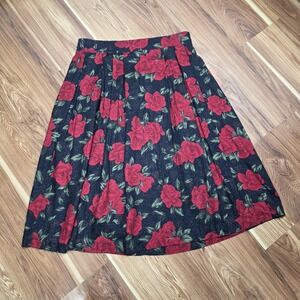 Vtg Norton McNaughton Midi Skirt Womens Medium Black Red Rose Floral Pleated